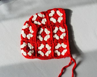 Red Tie Bonnet, Crochet Balaclava, Knitted Bonnet, Hand knitted Adult Bow Tie Bonnet, Bohemian Bonnet, Unisex Bonnet, Winter Bonnet