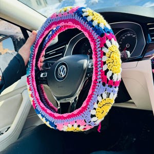 Purple Knitted Daisy Steering Wheel Cover, Smile face Flower Steering Wheel Cover, Crochet Accessories Fathers Day