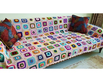 Crochet Afghan Bedspread, Large Crochet BlanketThrow, Knitted Sofa Blanket Granny Square, Retro Blanket