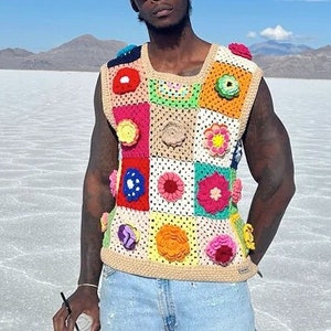 Crochet Vests, Granny Square Boho Top, Knitted Patchwork Sweater, Knitted Crochet, Boho Style Sweater, Hippie Festival
