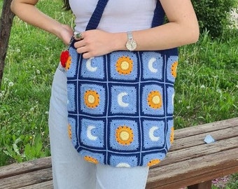 Blue Crochet Bag, Sun and Moon Crochet Bags, Shoulder HandKnit Bag, Mini Women Bag, Crochet Bag, Crochet Purse, Knit Bag, Crochet Tote