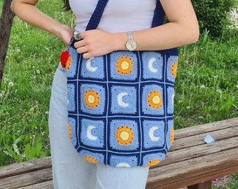 Borsa all'uncinetto blu, borse all'uncinetto sole e luna, borsa a mano a spalla, borsa mini donna, borsa all'uncinetto, borsa all'uncinetto, borsa a maglia, borsa all'uncinetto