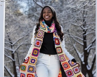 Beige Granny Square Scarf, Crochet Scarf, Crochet White Scarf, Knit Afghan Scarf, Knitted Scarf, Multicolour Scarf, Chiristmas Gifts