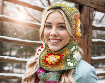 Grass Knitted Granny square Balaclava, Knitted Balaclava Unisex, Crochet Winter Snow Mask, Handmade Colorful Balaclava, Christmas Gift