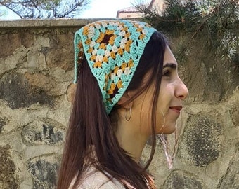 Green Crochet Bandana, Knitted Hair Kerchief, Woman Hair Scarf, Retro Bandana, Valentine's Day Gift for Her, Crochet Hair Accessory