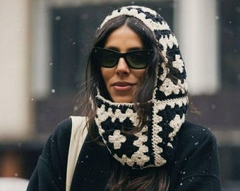 Crochet Grannysquare Balaclava, Knitted Balaclava for Women, Granny Square Unisex Balaclava, Black and White Balaclava, Crochet Winter Hat