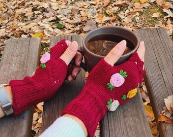 Burgundy Crochet Fingerless Gloves, Knitted floral winter gloves, Half Finger Gloves, Womens Gloves, flower fingerless