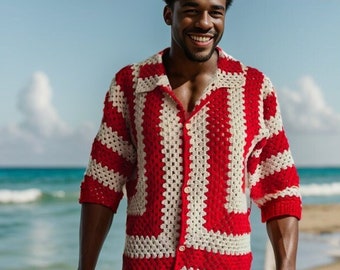 Red Knitted Shirt, Crochet Unisex Shirt, Crochet summer beach shirt, Crochet Vintage Style Men Shirt, Crochet Sweater Men