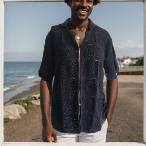 Black Knitted Beach Shirt, Crochet summer Men shirt, Hippi Style Shirt, Crochet Vintage Style Men Shirt, Crochet sweater Men