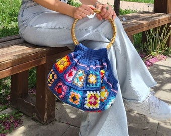 Crochet Bag Afghan, Granny Square Blue Bag, Hobo Bag, Boho Bag, Crochet Purse, Retro Bag, Hippie Bag, Afgan Crochet, Vintage Style