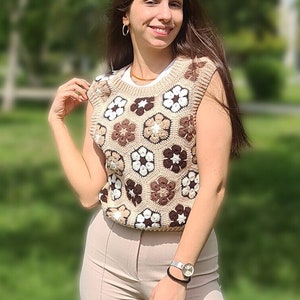 Brown Daisy Crochet Vests, Festival Vest, Granny Square Boho Top, Knitted Patchwork Sweater, Knitted Crochet, Boho