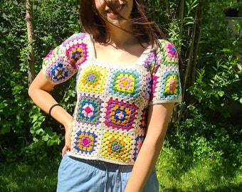 Crochet Cropped Sweater, Granny Square Afghan Sweater, Patchwork Sweater, Knitted Crochet, Boho Style Sweater, Hippie Festival, Cropped top