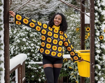 Black Sunflower Granny Square Cotton Sweater, Crochet Afghan Sweater, Knit Cotton Patchwork Sweater, Boho Style Hippie Festival top