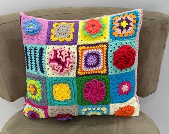 Crochet Daisy Pillow Cover Colorful, Flower Knit Pillow Cover, Granny Square Crochet Pillow Cover, Cushion Cover