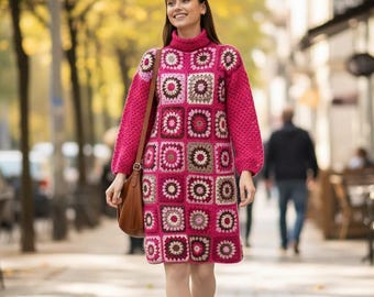 Rosa Oma Quadrat Patchwork langes Kleid, gestricktes Tank Kleid häkeln, Rollkragen Strickkleid, Frau gestrickte Kleidung, Baumwollkleider