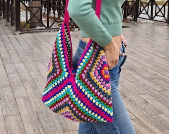 Crochet Bag Rainbow, Granny Square Bag, Crochet Purse, Crochet tote Bag, Retro Style, Gift for Her, Christmas Gift, Beach Bag, Vintage Style