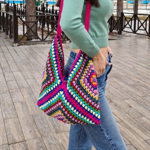 Crochet Bag Rainbow, Granny Square Bag, Crochet Purse, Crochet tote Bag, Retro Style, Gift for Her, Christmas Gift, Beach Bag, Vintage Style