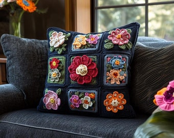 Colorful Floral Crochet Cushion Cover, Handmade Daisy Throw Pillow, Retro Patchwork Knit Pillowcase