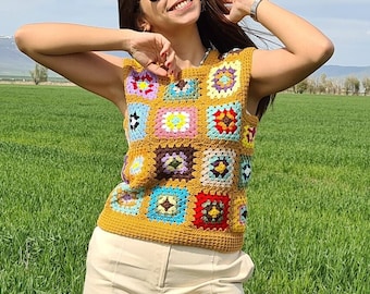 Mustard Yellow Crochet Vests, Granny Square Boho Top, Knitted Patchwork Sweater, Knitted Crochet, Boho Style Sweater, Hippie Festival