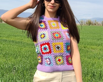 Lilac Crochet Vests, Granny Square Boho Top, Knitted Patchwork Sweater, Knitted Crochet, Boho Style Sweater, Hippie Festival