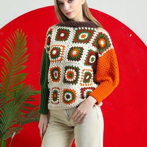 Patchwork Crochet Sweater, Knitted Top Granny Square, Crochet Sweater for Women, Cotton Knit Sweater, Boho Style Sweater