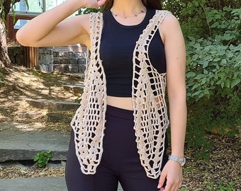 Brown Knitted Vest, Crochet Woman Vest, Knit Vest, Vintage Beige Vests, Woman Sweater, Summer Vest