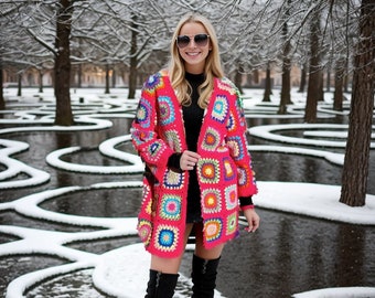 Ready to ship Granny square afghan cardigan, Pink Crochet afghan sweater, Patchwork cardigan, knitted cardigan