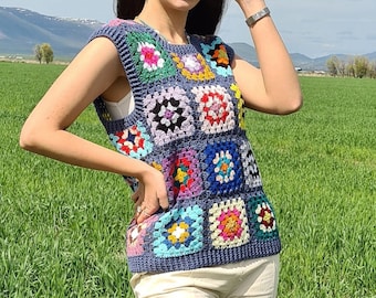 Crochet Vests, Granny Square Boho Top, Knitted Patchwork Sweater, Knitted Crochet, Boho Style Sweater, Hippie Festival