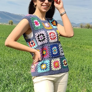 Crochet Vests, Granny Square Boho Top, Knitted Patchwork Sweater, Knitted Crochet, Boho Style Sweater, Hippie Festival