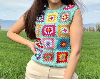 Water Green Crochet Vests, Granny Square Boho Top, Knitted Patchwork Sweater, Knitted Crochet, Boho Style Sweater, Hippie Festival