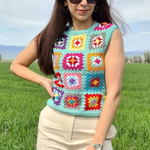 Water Green Crochet Vests, Granny Square Boho Top, Knitted Patchwork Sweater, Knitted Crochet, Boho Style Sweater, Hippie Festival