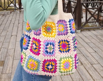 Crochet Bag Afghan, Granny Square Ecru Bag, Hobo Bag, Boho Bag, Crochet Purse, Retro Bag, Hippie Bag, Afgan Crochet, Vintage Style