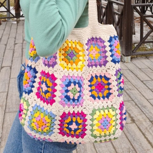 Crochet Bag Afghan, Granny Square Ecru Bag, Hobo Bag, Boho Bag, Crochet Purse, Retro Bag, Hippie Bag, Afgan Crochet, Vintage Style