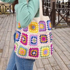 Crochet Bag Afghan, Granny Square Ecru Bag, Hobo Bag, Boho Bag, Crochet Purse, Retro Bag, Hippie Bag, Afgan Crochet, Vintage Style