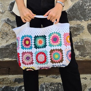 Crochet Afghan Tote Bag, Patchwork Handknit Women Bag, Granny Square Boho Bag, Crochet Purse, Summer Bag, Retro Bag, Afgan Crochet