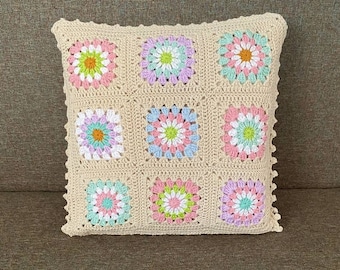 Pastelkleur gehaakte kussensloop, oma vierkant gehaakte kussensloop, kussenhoes, gebreide oma Coloful kussensloop