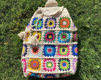 Gehäkelte Schultasche, häkeln Rucksack, Oma Quadrat Ecru Tasche, Stricken Schultasche, Hobo Tasche, Boho Tasche, gehäkelte Geldbörse, Hippie Tasche, Afgan häkeln