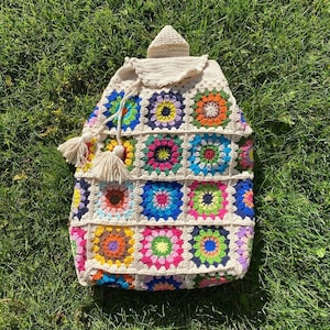 Crochet School Bag, Crochet Backpack, Granny Square Ecru Bag, Knit School Bag, Hobo Bag, Boho Bag, Crochet Purse, Hippie Bag, Afgan Crochet