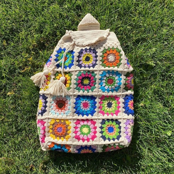 Gehäkelte Schultasche, häkeln Rucksack, Oma Quadrat Ecru Tasche, Stricken Schultasche, Hobo Tasche, Boho Tasche, gehäkelte Geldbörse, Hippie Tasche, Afgan häkeln