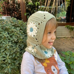 Green Knitted Kids Balaclava, Floral Knitted kids Balaclava, Baby Girl Balaclava, Baby Crochet Winter Hat, 1-6 years Balaclava, Baby Bonnet