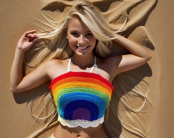 Festival crop top, gehaakte LGBTQ-top, gehaakte Pride Rainbow-haltertop, gehaakte Pride-top, zomer Boho hippietop, strand zomertop
