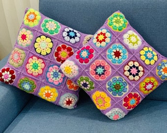 Crochet Daisy Pillow Cover Colorful, Granny Square Crochet Pillow Cover, Cushion Cover, Granny Coloful pillow cover, Black Pillow