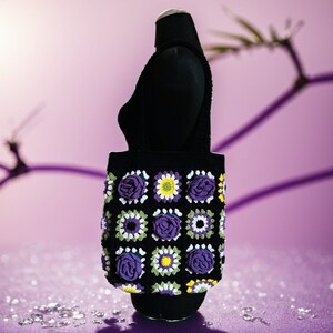 Black Knitted Rose Bag, Crochet Shoulder Rose Bags, Hand Knit Floral Bag, Colorful Knitted Bag, Women knit bag, Festival Tote Bag