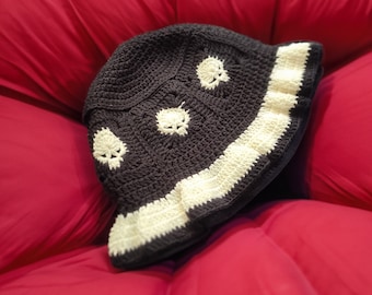 Crochet skull bucket hat, knitted skull hat, granny square bucket hat, knitted bucket hat, knit summer hat, hippi festival hat