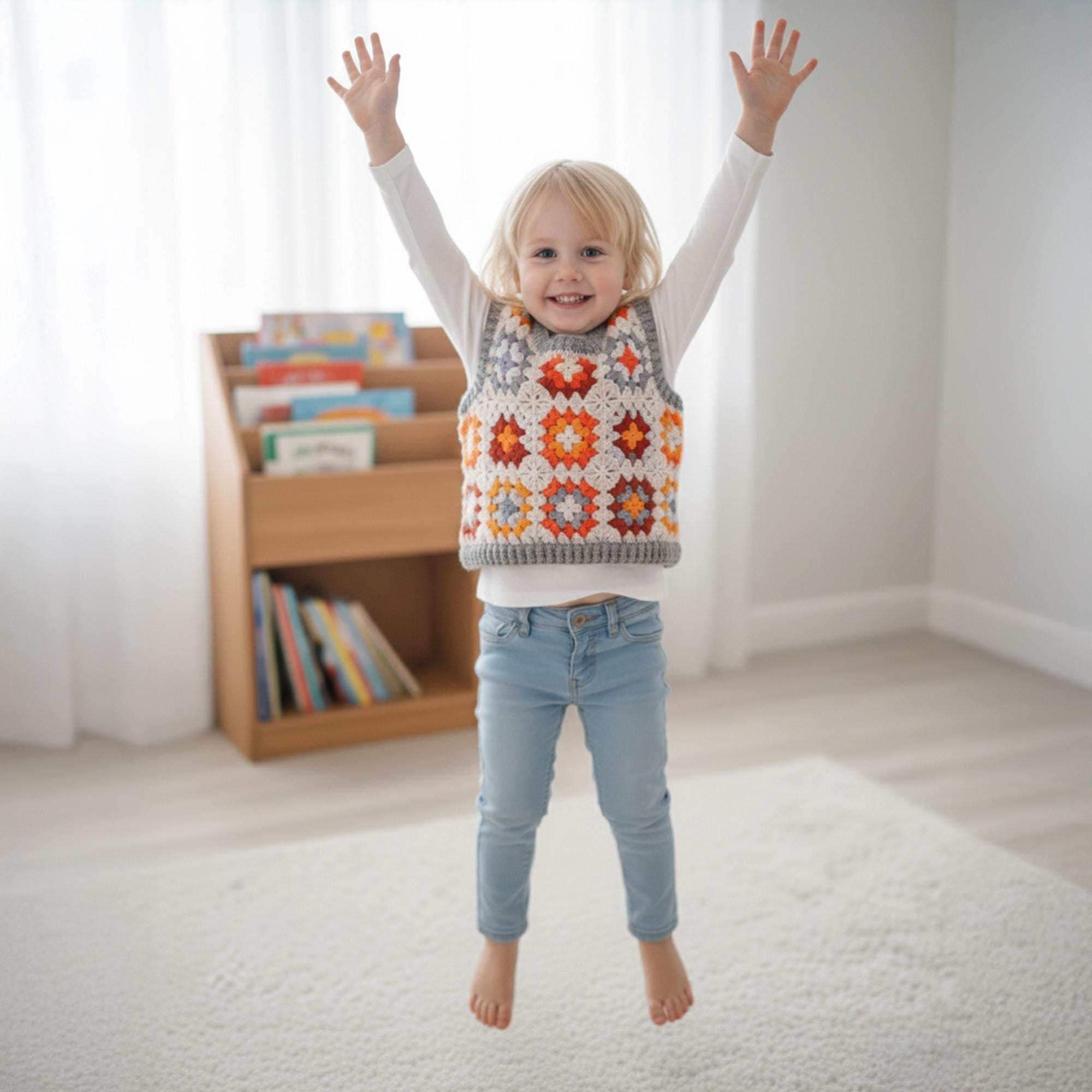 Grey Granny Square Kids Vest, Autumn Colors Crochet Toddler Waistcoat, Handmade Boho Children Sweater, Warm Tones Crochet Vest for Kids