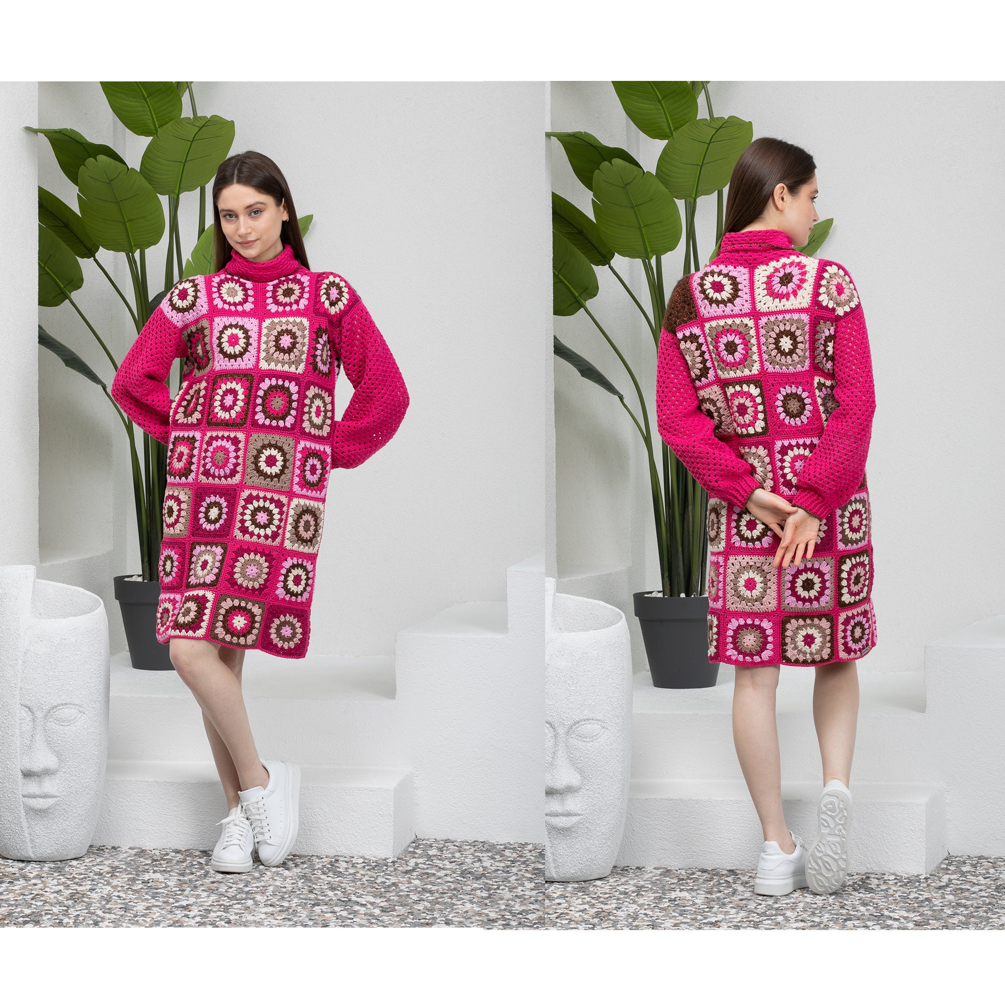 premium patchwork crochet knitted dress XXS / Multi CROCHET PATCHWORK SHIRT DRESS
