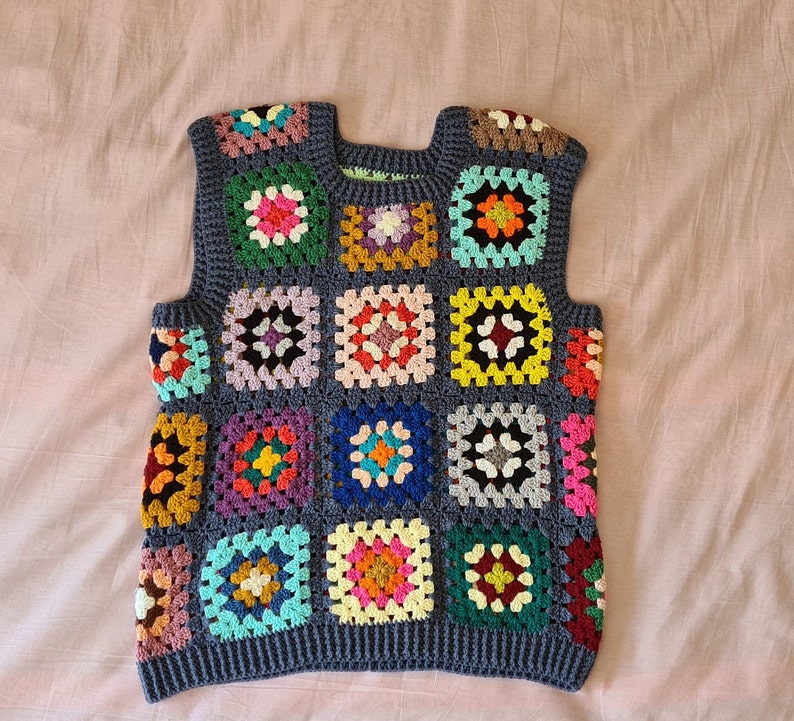 Crochet Vests, Granny Square Boho Top, Knitted Patchwork Sweater, Knitted Crochet, Boho Style Sweater, Hippie Festival Denim blue