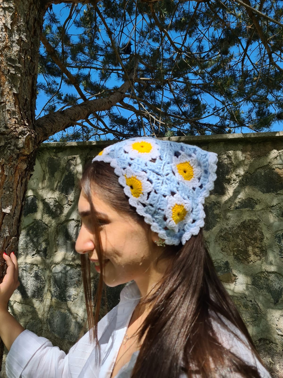 Stylish Blue  Crochet  Bandana and style Tie set/flower Set Blue Crochet Bandana - Etsy main image 2