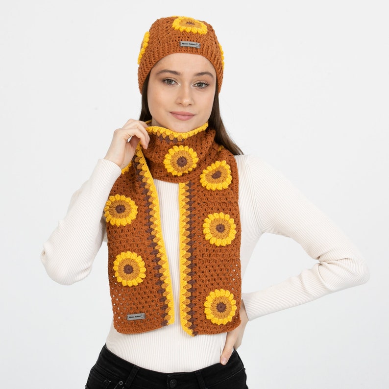 Orange Sunflower Winter Set, Hand Knit Beanie, Crochet Woman Scarf, Granny Square Scarf, crochet flower scarf, Knit Afghan Scarf image 3