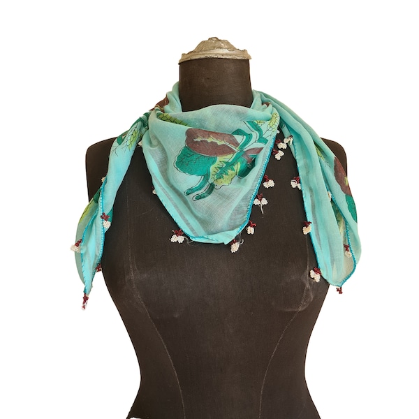 turquoise Vintage Cotton scarves, Turkish Scarf, Cotton Scarf, Yemeni Oya Scarf, Cotton Scarves with needle lace oya